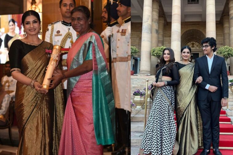 Pics: Raveena Tandon Looks Timeless In Golden Saree For Padma Awards 2023